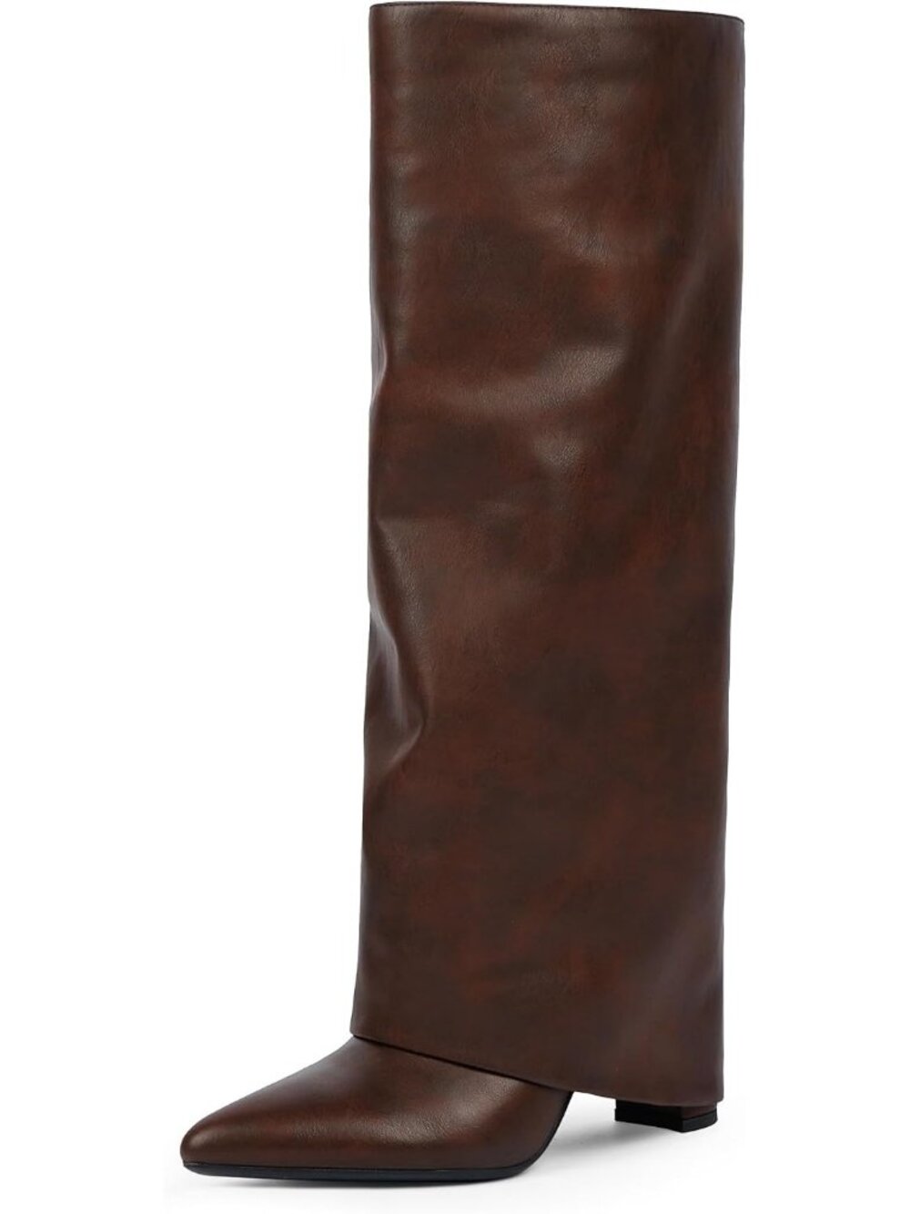 Women's Retro Brown Chunky High Heels Long Pointed Toe Fold Over Knee High Boot